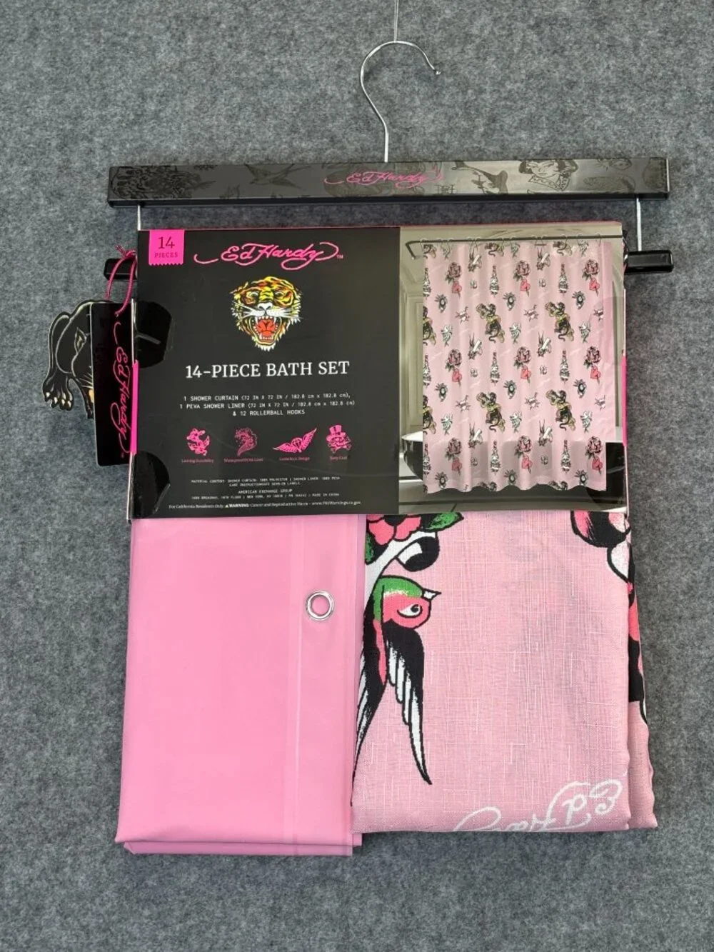 Ed Hardy Shower Curtain Set w 14 Piece w Hooks & Liner Pink Hearts Panther Snake